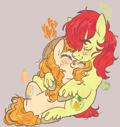 Size: 869x920 | Tagged: safe, artist:smolthems, bright mac, pear butter, earth pony, pony, g4, cuddling, duo, duo male and female, female, gray background, heart, hug, male, mare, ship:brightbutter, shipping, simple background, stallion, straight