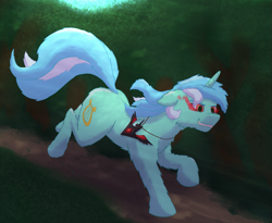 Size: 987x810 | Tagged: safe, artist:gosha305, lyra heartstrings, pony, unicorn, g4, alicorn amulet, corrupted, everfree forest, evil, evil smile, fanfic, fanfic art, female, full body, galloping, grin, path, running, smiling, solo