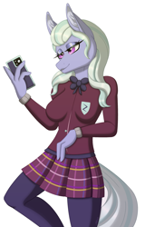 Size: 1788x2788 | Tagged: safe, artist:melodytheartpony, sugarcoat, anthro, g4, blazer, bow, clothes, commission, eyelashes, female, long hair, looking down, phone, school uniform, shirt, signature, simple background, skirt, smiling, smirk, socks, solo, standing, striped mane, uniform, white background