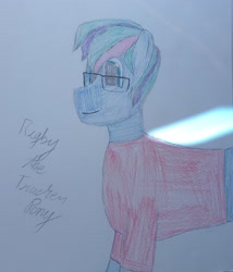 Size: 2329x2716 | Tagged: safe, artist:rigby the trucker pony, oc, oc only, oc:rigby the trucker pony, earth pony, pony, clothes, colored pencil drawing, cursive writing, glasses, high res, male, multicolored hair, shirt, stallion, t-shirt, traditional art