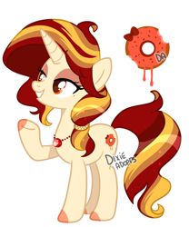 Size: 2000x2404 | Tagged: safe, artist:dixieadopts, oc, oc only, oc:velvet donut, pony, unicorn, beauty mark, colored hooves, eyeshadow, female, grin, high res, horn, jewelry, lidded eyes, makeup, mare, necklace, raised hoof, red eyes, simple background, smiling, solo, sparkly mane, sparkly tail, standing, tail, transparent background, unicorn oc