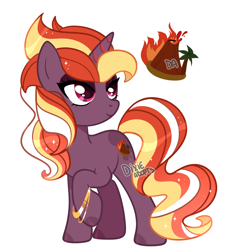 Size: 2000x2192 | Tagged: safe, artist:dixieadopts, oc, oc only, oc:lava spring, pony, unicorn, body markings, bracelet, coat markings, colored hooves, dappled, eyeshadow, female, gradient mane, gradient tail, high res, horn, jewelry, lidded eyes, magenta eyes, makeup, mare, parent:oc, parent:sunset shimmer, parents:canon x oc, raised hoof, simple background, smiling, solo, sparkly mane, sparkly tail, striped horn, tail, transparent background, volcano