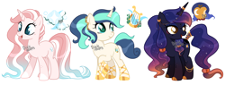 Size: 4840x1836 | Tagged: safe, artist:dixieadopts, oc, oc only, oc:aqua marine, oc:golden apple, oc:romantic serenade, pony, unicorn, anklet, ballet slippers, clothes, coat markings, colored hooves, cyan eyes, ear piercing, earring, ethereal hair, ethereal mane, ethereal tail, eyeshadow, female, freckles, golden eyes, gradient legs, gradient mane, gradient tail, horn, horn ring, jewelry, leg freckles, lidded eyes, long mane, long tail, looking back, magical lesbian spawn, makeup, mare, offspring, open mouth, parent:applejack, parent:bon bon, parent:fleur-de-lis, parent:lyra heartstrings, parent:princess luna, parent:trixie, parents:lunajack, parents:lyrabon, piercing, ponytail, raised hoof, ring, shoes, simple background, smiling, socks (coat markings), sparkly mane, sparkly tail, standing, starry mane, starry tail, tail, teal eyes, transparent background, unicorn oc