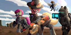 Size: 6280x3120 | Tagged: safe, artist:singovih, oc, oc only, earth pony, pegasus, pony, unicorn, fallout equestria, armor, bush, cactus, clothes, desert, desert rangers, enclave, enclave armor, female, game, glasses, grass, hat, horn, magic, male, mare, sky, smiling, stallion, telekinesis, wasteland, weapon, wings