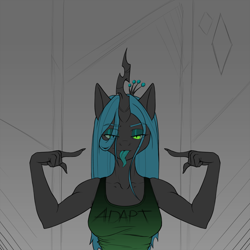 Size: 2000x2000 | Tagged: safe, artist:kirasunnight, queen chrysalis, changeling, changeling queen, anthro, g4, changeling horn, clothes, eyebrows, eyebrows visible through hair, eyeshadow, female, green tongue, high res, horn, looking at you, makeup, shirt, simple background, solo, tongue out