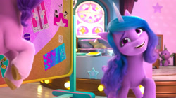 Size: 2388x1336 | Tagged: safe, screencap, izzy moonbow, pipp petals, spike, pegasus, pony, unicorn, bridlewoodstock (make your mark), g5, my little pony: make your mark, my little pony: make your mark chapter 4, spoiler:g5, spoiler:my little pony: make your mark, spoiler:my little pony: make your mark chapter 4, spoiler:mymc04e01, anxious, board, bridlewoodstock, faic, female, mare, nervous, plushie, poster, spike plushie, stained glass, stars, window