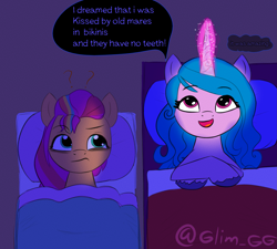Size: 1993x1794 | Tagged: safe, alternate version, artist:glim_gg, izzy moonbow, sunny starscout, earth pony, pony, unicorn, g5, bags under eyes, bed, dialogue, duo, female, glowing, glowing horn, horn, implied lesbian, mane stripe sunny, mare, question mark, sleeping bag, speech bubble, sunny starscout is not amused, tired, too much information, unamused