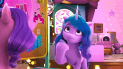 Size: 1920x1074 | Tagged: safe, screencap, izzy moonbow, pipp petals, spike, pegasus, pony, unicorn, bridlewoodstock (make your mark), g5, my little pony: make your mark, my little pony: make your mark chapter 4, spoiler:g5, spoiler:my little pony: make your mark, spoiler:my little pony: make your mark chapter 4, spoiler:mymc04e01, animated, board, bridlewoodstock, concerned, female, mare, ominous, plushie, poster, sound, spike plushie, webm, whispering, zoomed in