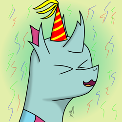 Size: 500x500 | Tagged: safe, artist:alejandrogmj, oc, oc only, oc:flower black, changedling, changeling, ><, ambiguous gender, birthday, changedling oc, changeling oc, eyes closed, hat, open mouth, open smile, party hat, signature, smiling, solo