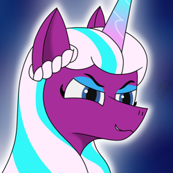 Size: 500x500 | Tagged: safe, artist:alejandrogmj, opaline arcana, alicorn, pony, g5, blue background, bust, devious smile, evil grin, eyebrows, eyeshadow, female, glowing, gradient horn, grin, horn, makeup, mare, portrait, signature, simple background, smiling, solo, three quarter view