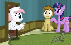 Size: 3264x2064 | Tagged: safe, artist:tidmouthmilk12, nurse redheart, twilight sparkle, oc, oc:tidmouth milk, alicorn, earth pony, pony, g4, anxiety, clipboard, comforting, doctor's office, hat, high res, nervous, nurse hat, scared, shivering, signature, sweat, sweatdrops, twilight sparkle (alicorn)