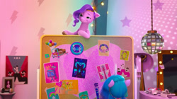 Size: 2388x1333 | Tagged: safe, screencap, izzy moonbow, pipp petals, pegasus, pony, unicorn, bridlewoodstock (make your mark), g5, my little pony: make your mark, my little pony: make your mark chapter 4, spoiler:g5, spoiler:my little pony: make your mark, spoiler:my little pony: make your mark chapter 4, spoiler:mymc04e01, board, bridlewoodstock, disco ball, female, flying, lightbulb, lights, mare, poster, smiling, smirk, stars