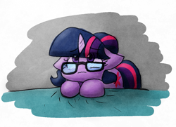 Size: 995x720 | Tagged: safe, artist:zutcha, sci-twi, twilight sparkle, pony, unicorn, equestria girls, g4, equestria girls ponified, female, filly, filly twilight sparkle, foal, glasses, simple background, solo, tired, unicorn sci-twi, white background, younger