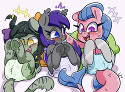 Size: 3212x2368 | Tagged: safe, artist:lou, oc, oc only, bat pony, pony, bat pony oc, blushing, diaper, diaper fetish, female, fetish, high res, legs in air, lying down, male, mare, non-baby in diaper, on back, pacifier