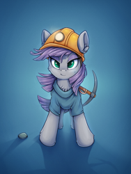 Size: 900x1200 | Tagged: safe, artist:zeepheru_pone, boulder (g4), maud pie, earth pony, pony, g4, atg 2023, boulder, chest fluff, clothes, ear fluff, epic, female, hat, irrational exuberance, mare, newbie artist training grounds, pickaxe, rock, shirt, smiling, solo, when she smiles, windswept mane
