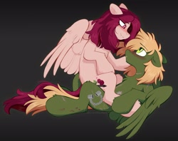 Size: 2667x2112 | Tagged: safe, artist:crimmharmony, oc, oc only, oc:crimm harmony, oc:murky, pegasus, pony, fallout equestria, blushing, chest fluff, female, high res, lidded eyes, looking at each other, looking at someone, lying down, male, mare, oc x oc, on back, partially open wings, pegasus oc, shipping, sitting on lap, sitting on person, sitting on pony, stallion, straight, wings