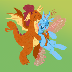 Size: 1280x1280 | Tagged: safe, artist:msponies, ocellus, smolder, changedling, changeling, dragon, g4, duo, exclamation point, eyes closed, female, gradient background, green background, heart, hug, interspecies, lesbian, one eye closed, open mouth, open smile, ship:smolcellus, shipping, smiling