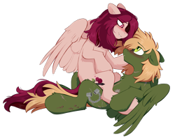 Size: 2667x2112 | Tagged: safe, artist:crimmharmony, oc, oc only, oc:crimm harmony, oc:murky, pegasus, pony, fallout equestria, blushing, chest fluff, female, high res, lidded eyes, looking at each other, looking at someone, lying down, male, mare, oc x oc, on back, partially open wings, pegasus oc, shipping, simple background, sitting on lap, sitting on person, sitting on pony, stallion, straight, transparent background, wings