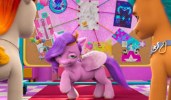 Size: 2280x1339 | Tagged: safe, screencap, hitch trailblazer, pipp petals, rocky riff, earth pony, pegasus, pony, bridlewoodstock (make your mark), g5, my little pony: make your mark, my little pony: make your mark chapter 4, spoiler:g5, spoiler:my little pony: make your mark, spoiler:my little pony: make your mark chapter 4, spoiler:mymc04e01, board, bridlewoodstock, carpet, faic, female, male, mane melody (location), mare, poster, red carpet, stallion, string