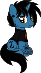 Size: 764x1369 | Tagged: safe, artist:lightningbolt, derpibooru exclusive, pony, unicorn, g4, .svg available, clothes, ear piercing, frank iero, gauges, hair over one eye, horn, horn piercing, lip piercing, looking at you, male, my chemical romance, nose piercing, piercing, ponified, shirt, show accurate, simple background, sitting, solo, stallion, svg, t-shirt, tattoo, transparent background, vector