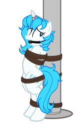 Size: 2278x3456 | Tagged: safe, artist:equestria secret guard, artist:radiantrealm, oc, oc only, oc:blueblaze stardust, pony, unicorn, arm behind back, ballgag, belly button, bipedal, blushing, bondage, bound and gagged, female, gag, helpless, high res, horn, horn ring, jewelry, magic suppression, mare, pole, pole tied, ring, rope, rope bondage, sexy, simple background, solo, tied up, transparent background, unicorn oc