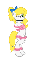 Size: 2241x3690 | Tagged: safe, artist:equestria secret guard, artist:radiantrealm, oc, oc only, oc:cath, pegasus, pony, arm behind back, ballgag, belly button, bipedal, blushing, bondage, bound and gagged, female, gag, helpless, high res, horn, mare, pegasus oc, rope, rope bondage, sexy, simple background, solo, tied up, transparent background