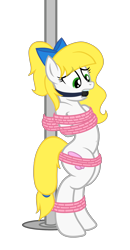 Size: 1980x3820 | Tagged: safe, artist:equestria secret guard, artist:radiantrealm, oc, oc only, oc:cath, pegasus, pony, arm behind back, ballgag, belly button, bipedal, blushing, bondage, bound and gagged, female, gag, helpless, horn, mare, pegasus oc, pole, pole tied, rope, rope bondage, sexy, simple background, solo, tied up, transparent background