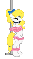 Size: 2060x3720 | Tagged: safe, artist:equestria secret guard, artist:radiantrealm, oc, oc only, oc:cath, pegasus, pony, arm behind back, ballgag, belly button, bipedal, blushing, bondage, bound and gagged, female, gag, helpless, high res, horn, mare, pegasus oc, pole, pole tied, rope, rope bondage, sexy, simple background, solo, tied up, transparent background