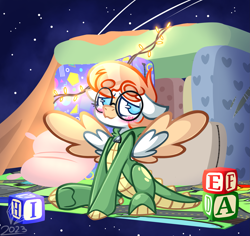 Size: 2175x2055 | Tagged: safe, artist:ccrystalonyxx, oc, pegasus, pony, blocks, blushing, commission, glasses, high res, lights, looking at you, onesie, pillow, pillow fort, spread wings, wings