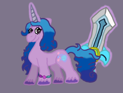 Size: 1000x750 | Tagged: safe, artist:mintwhistle, izzy moonbow, pony, unicorn, g5, atg 2023, bracelet, colored hooves, confident, crossover, female, friendship bracelet, glowing, glowing horn, gray background, horn, jewelry, kirby (series), kirby's return to dream land, looking at something, magic, mare, medibang paint, newbie artist training grounds, simple background, smiling, solo, sword, telekinesis, ultra sword, unshorn fetlocks, weapon
