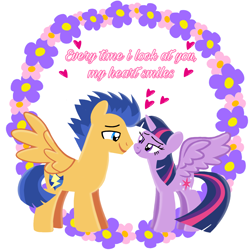 Size: 1400x1400 | Tagged: safe, artist:mlplary6, flash sentry, twilight sparkle, alicorn, pegasus, pony, g4, boyfriend and girlfriend, female, flower, heart, looking at each other, looking at someone, love, male, mare, romantic, ship:flashlight, shipping, simple background, smiling, smiling at each other, stallion, straight, text, twilight sparkle (alicorn), white background