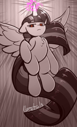 Size: 666x1101 | Tagged: safe, artist:llametsul, twilight sparkle, alicorn, pony, g4, atg 2023, glowing, glowing eyes, glowing horn, horn, monochrome, newbie artist training grounds, red eyes, solo, twilight sparkle (alicorn)