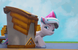 Size: 1408x900 | Tagged: safe, screencap, zipp storm, pegasus, pony, bridlewoodstock (make your mark), g5, my little pony: make your mark, my little pony: make your mark chapter 4, spoiler:g5, spoiler:my little pony: make your mark, spoiler:my little pony: make your mark chapter 4, spoiler:mymc04e01, animated, bonk, bridlewoodstock, drink, female, gif, littering, mare, rolling, smoothie, solo, throwing, toss, trash, trash can, visor