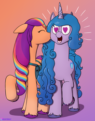 Size: 1954x2476 | Tagged: safe, artist:passionpanther, izzy moonbow, sunny starscout, earth pony, pony, unicorn, g5, cheek kiss, duo, duo female, female, gradient background, heart, heart eyes, kissing, lesbian, mane stripe sunny, open mouth, ship:moonscout, shipping, wingding eyes