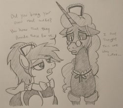 Size: 1079x953 | Tagged: safe, artist:jargon scott, oc, oc only, oc:anon-mare, oc:nyx, alicorn, earth pony, pony, bowtie, clothes, dialogue, duo, female, floppy ears, glasses, grayscale, lidded eyes, maid, mare, monochrome, older, older nyx, pencil drawing, round glasses, traditional art