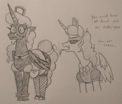Size: 1026x879 | Tagged: safe, artist:jargon scott, oc, oc only, oc:dyx, oc:nyx, alicorn, pony, annoyed, clothes, duo, embarrassed, fangs, female, fishnet stockings, glasses, maid, mare, narrowed eyes, nervous sweat, no underwear, older, older dyx, older nyx, pencil drawing, round glasses, siblings, signature, sisters, smoking, sweat, traditional art