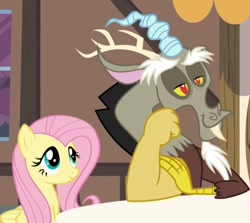 Size: 640x572 | Tagged: safe, screencap, discord, fluttershy, draconequus, pegasus, pony, g4, season 5, what about discord?, antlers, beard, cropped, duo, duo male and female, eyebrows, facial hair, female, hand on arm, hand on cheek, looking at someone, male, mare, smiling, window