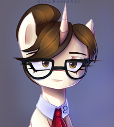 Size: 2528x2840 | Tagged: safe, artist:opal_radiance, raven, pony, unicorn, g4, bored, female, glasses, gradient background, high res, looking at you, mare, necktie, secretary, solo, text