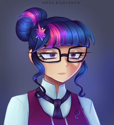 Size: 2348x2591 | Tagged: safe, artist:opal_radiance, sci-twi, twilight sparkle, human, equestria girls, g4, bored, clothes, commission, crystal prep academy uniform, high res, humanized, school tie, school uniform, schoolgirl, solo, unamused