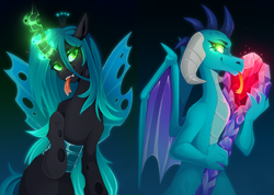 Size: 2275x1619 | Tagged: safe, artist:buvanybu, princess ember, queen chrysalis, changeling, changeling queen, dragon, collaboration:meet the best showpony, g4, bloodstone scepter, collaboration, disguise, disguised changeling, dragon lord ember, dragoness, duo, female, glowing, glowing eyes, looking at each other, looking at someone, simple background, tongue out