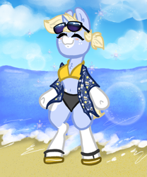 Size: 1475x1772 | Tagged: safe, artist:nootaz, oc, oc:nootaz, pony, unicorn, semi-anthro, arm hooves, beach, belly button, bikini, bipedal, blushing, bra, bra on pony, chest fluff, clothes, female, mare, shoes, solo, sunglasses, swimsuit