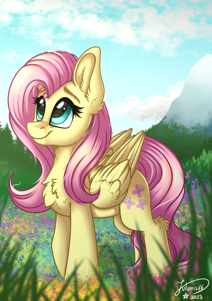 [cute,female,flower,fluttershy,mare,mountain,pegasus,pony,redraw,safe,signature,sky,solo,looking up,shyabetes,artist:julunis14,smiling]