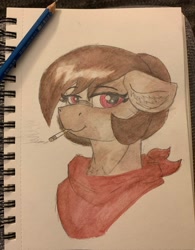 Size: 2738x3513 | Tagged: safe, artist:reddthebat, oc, oc only, oc:number nine, earth pony, pony, bandana, bust, cigarette, female, high res, lidded eyes, looking at you, mare, pencil, photo, smiling, smiling at you, smoking, solo, sternocleidomastoid, traditional art