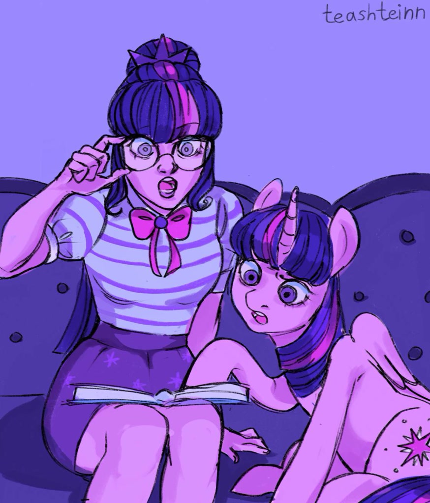 [alicorn,book,couch,duo,equestria girls,human,human ponidox,open mouth,pony,safe,self ponidox,signature,sitting,twilight sparkle,twolight,self paradox,sci-twi,twilight sparkle (alicorn),artist:teashteinn]