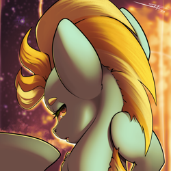 Size: 2500x2500 | Tagged: safe, artist:skitsroom, lightning dust, pegasus, pony, g4, bust, eyelashes, female, golden eyes, high res, looking at you, looking back, looking back at you, mare, solo, wings