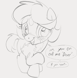 Size: 833x844 | Tagged: safe, artist:dotkwa, oc, oc only, oc:deary dots, earth pony, pony, blushing, dialogue, female, filly, foal, gray background, grayscale, monochrome, open mouth, open smile, simple background, sketch, smiling, solo, speech bubble