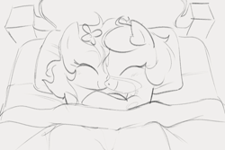 Size: 1140x761 | Tagged: safe, artist:dotkwa, oc, oc only, oc:deary dots, oc:kayla, earth pony, pony, bed, cute, duo, eyes closed, female, filly, flower, flower in hair, foal, gray background, grayscale, hug, in bed, monochrome, ocbetes, overhead view, simple background, sketch, smiling