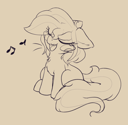 Size: 1642x1606 | Tagged: safe, artist:zzzsleepy, oc, oc only, oc:chanter, ghost, ghost pony, pony, blush sticker, blushing, eyes closed, female, filly, floppy ears, foal, monochrome, music notes, singing, sitting, sketch, solo