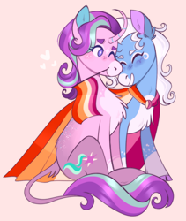 Size: 940x1114 | Tagged: safe, artist:wanderingpegasus, starlight glimmer, trixie, pony, unicorn, g4, body markings, cape, chest fluff, clothes, cloven hooves, coat markings, colored hooves, colored muzzle, curved horn, duo, ear fluff, eyes closed, facial markings, female, flag, heart, horn, leonine tail, lesbian, lesbian pride flag, mare, one eye closed, pale belly, pink background, pride, pride flag, ship:startrix, shipping, simple background, sitting, smiling, socks (coat markings), star (coat marking), tail, wink
