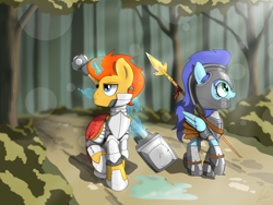 Size: 4000x3000 | Tagged: safe, artist:flaremoon, oc, oc:bright hammer, oc:wind fury, pegasus, pony, unicorn, armor, armor skirt, fantasy class, female, forest, forest background, guardsmare, hammer, knight, magic, mare, paladin, plate armor, royal guard, skirt, spear, telekinesis, warrior, weapon